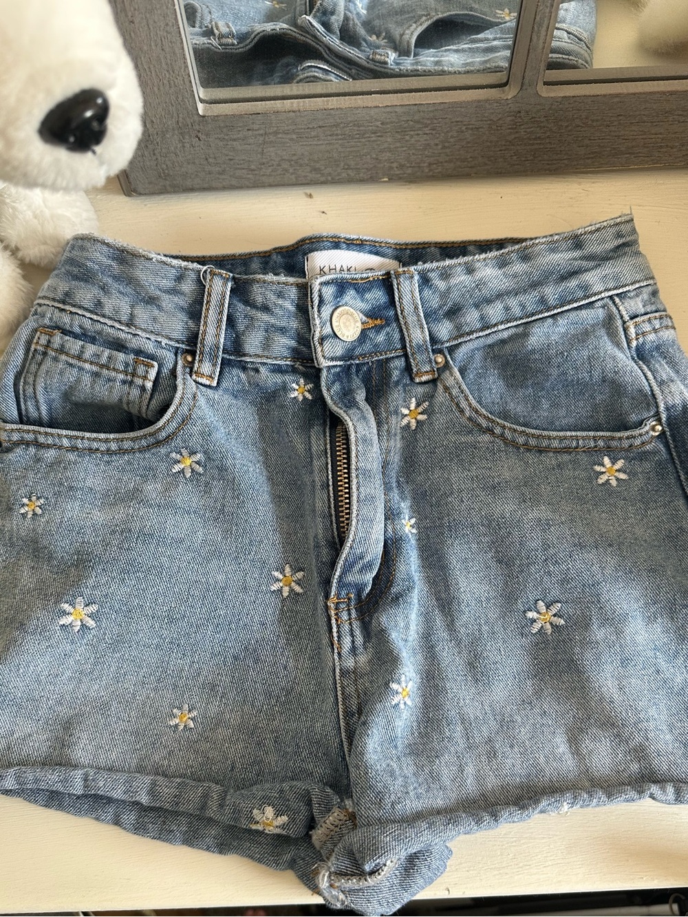 Light Blue Daisy Embroidered Denim Shorts